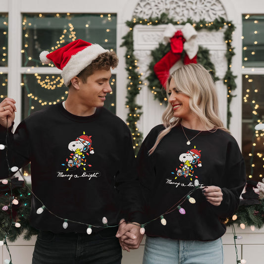 Embroidered Snoopy Christmas Sweatshirt, Cute Christmas Sweater, Santa-Inspired Holiday Pullover, Merry & Bright Festive Top