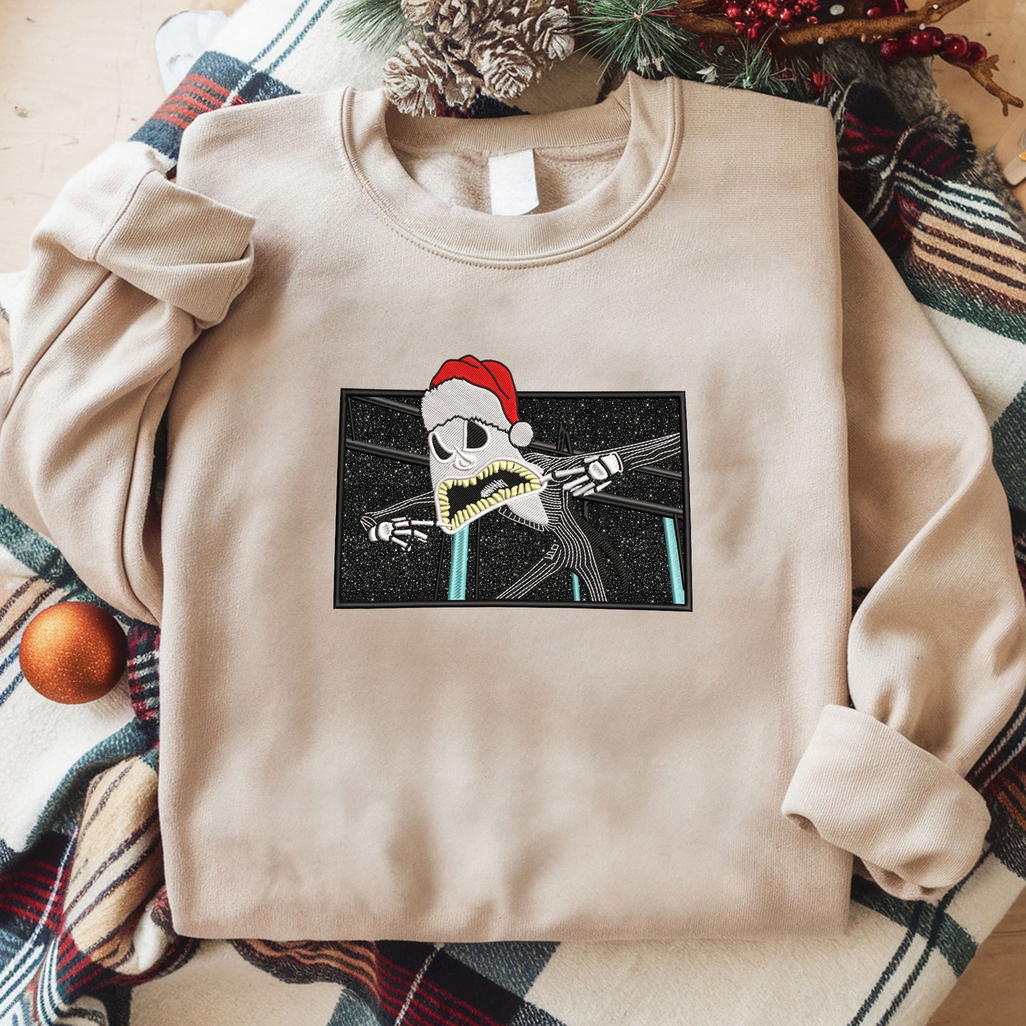 Embroidered Jack Skellington Glitter Sweatshirt, Nightmare Before Christmas Sweatshirt, Santa-Inspired Top, Halloween Meets Christmas Pullover