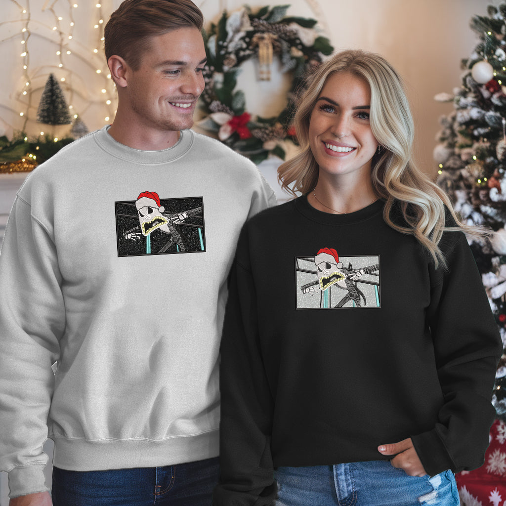 Embroidered Jack Skellington Glitter Sweatshirt, Nightmare Before Christmas Sweatshirt, Santa-Inspired Top, Halloween Meets Christmas Pullover