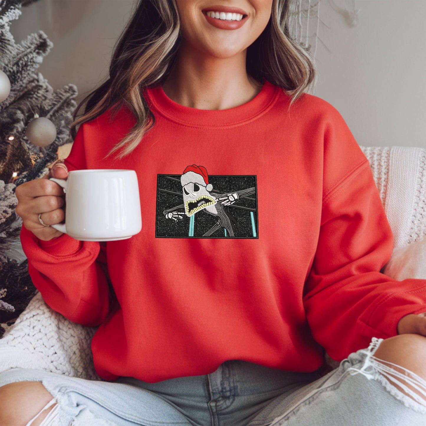 Embroidered Jack Skellington Glitter Sweatshirt, Nightmare Before Christmas Sweatshirt, Santa-Inspired Top, Halloween Meets Christmas Pullover