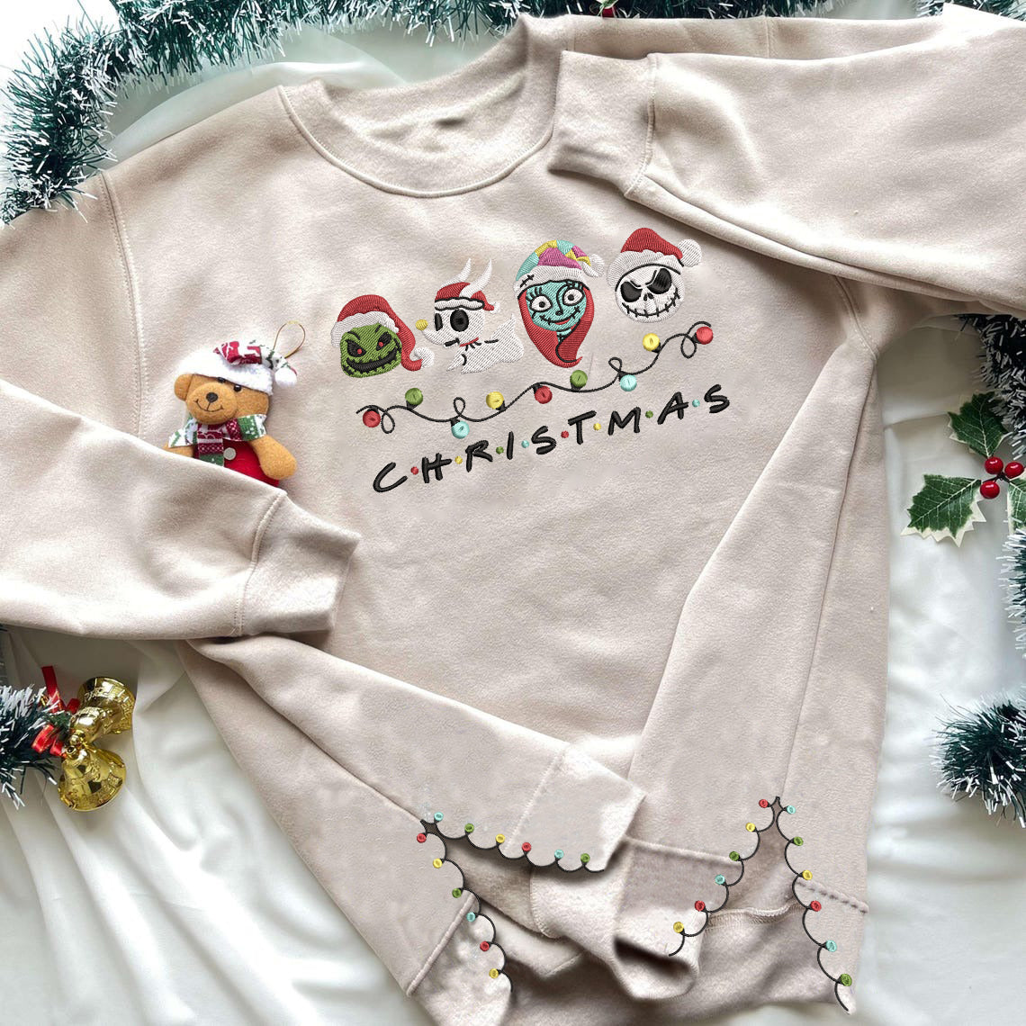 Embroidered Nightmare Before Christmas Sweatshirt, Side Bow Sweater, Christmas Lights Pullover, Santa-Inspired Festive Top, Vintage Cartoon Design