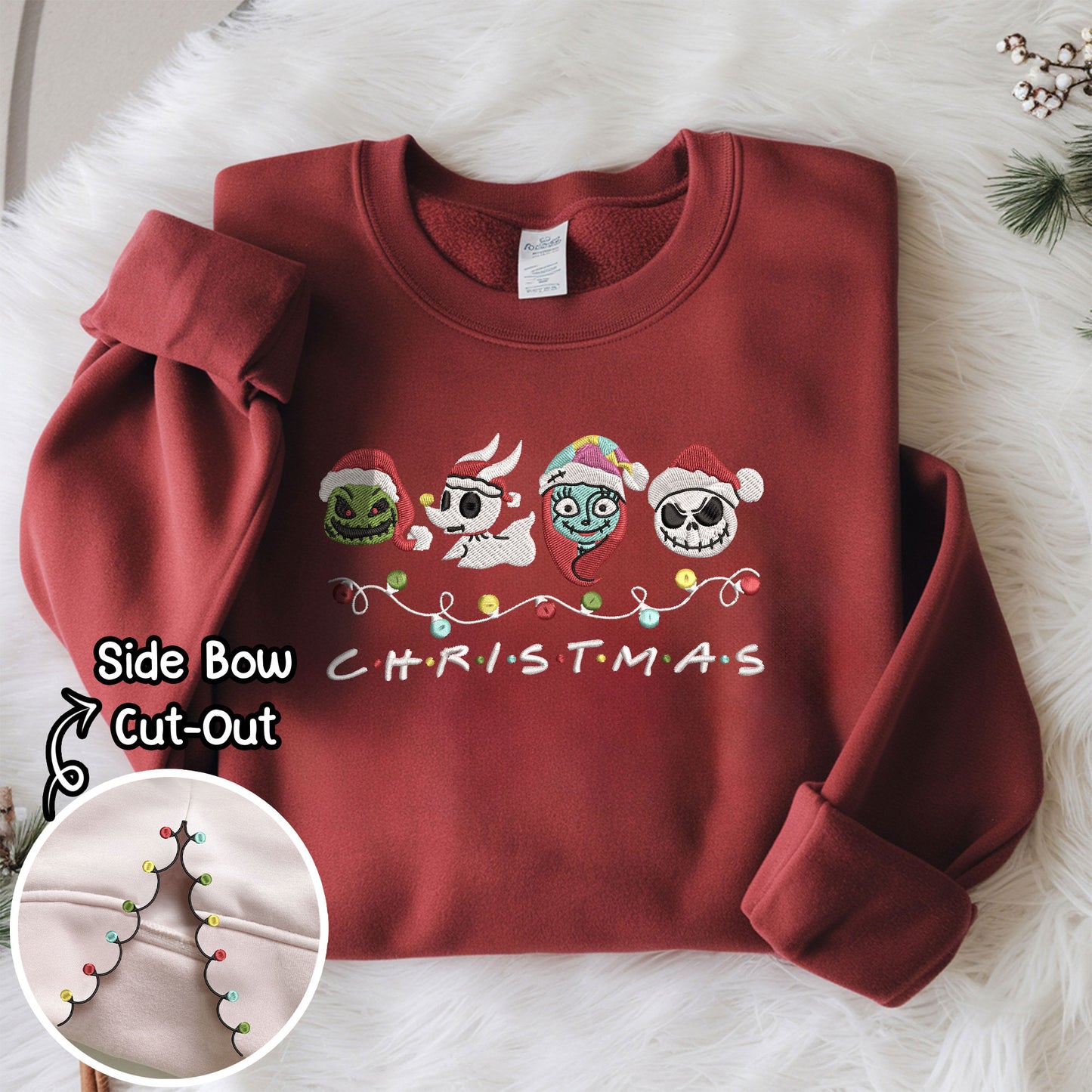 Embroidered Nightmare Before Christmas Sweatshirt, Side Bow Sweater, Christmas Lights Pullover, Santa-Inspired Festive Top, Vintage Cartoon Design