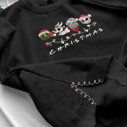 Embroidered Nightmare Before Christmas Sweatshirt, Side Bow Sweater, Christmas Lights Pullover, Santa-Inspired Festive Top, Vintage Cartoon Design