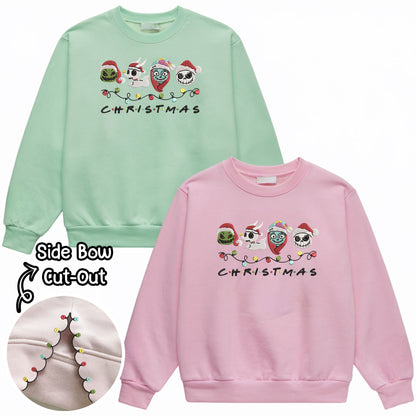 Embroidered Nightmare Before Christmas Sweatshirt, Side Bow Sweater, Christmas Lights Pullover, Santa-Inspired Festive Top, Vintage Cartoon Design