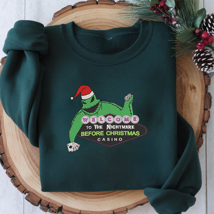 Embroidered Nightmare Before Christmas Sweatshirt, Vintage Movie Pullover, Oogie Boogie Christmas Design, Gambling-Themed Top