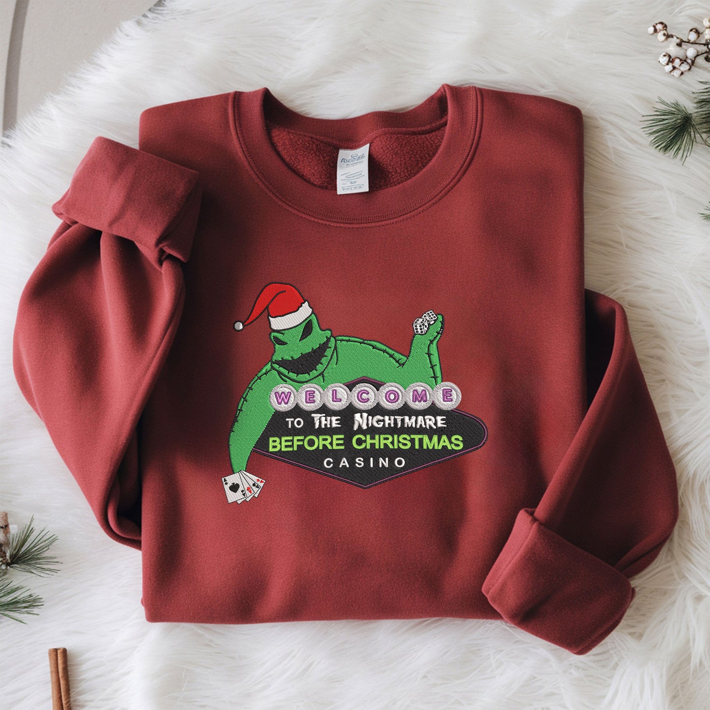 Embroidered Nightmare Before Christmas Sweatshirt, Vintage Movie Pullover, Oogie Boogie Christmas Design, Gambling-Themed Top