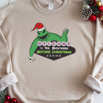 Embroidered Nightmare Before Christmas Sweatshirt, Vintage Movie Pullover, Oogie Boogie Christmas Design, Gambling-Themed Top