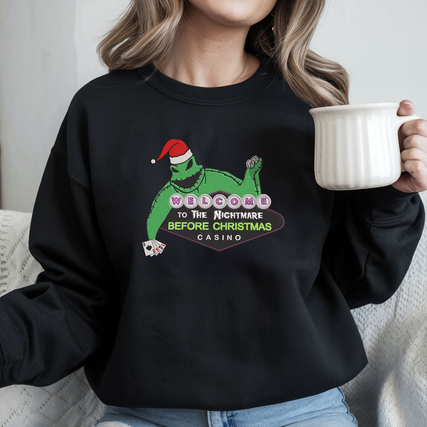 Embroidered Nightmare Before Christmas Sweatshirt, Vintage Movie Pullover, Oogie Boogie Christmas Design, Gambling-Themed Top