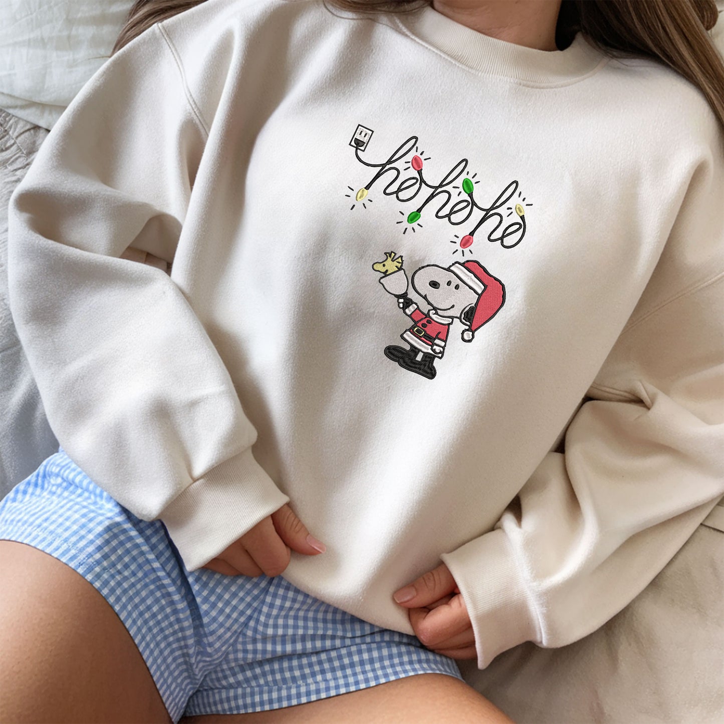 Embroidered Peanuts Christmas Sweatshirt, Glow in the Dark Sweater, Ho Ho Ho Festive Pullover, Santa Snoopy Shirt