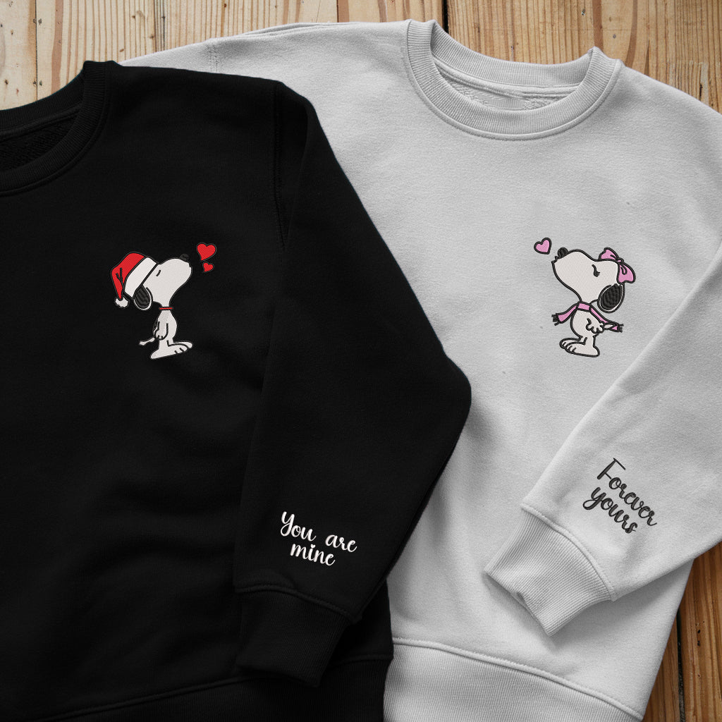 Embroidered Matching Snoopy Christmas Sweatshirts, Romantic Couple Christmas Design, You Are Mine & Forever Yours Pullover, Perfect Festive Couple Outfit