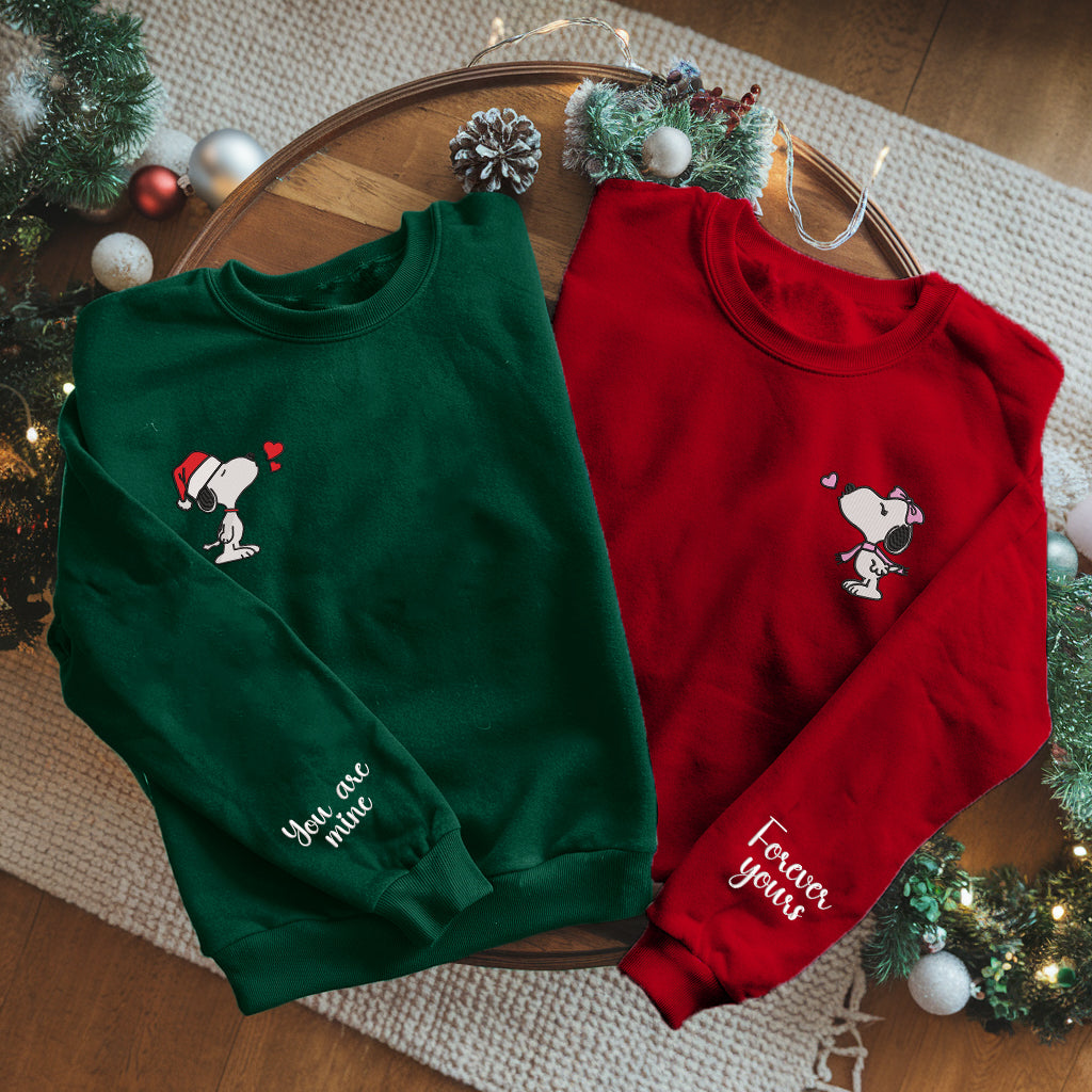 Embroidered Matching Snoopy Christmas Sweatshirts, Romantic Couple Christmas Design, You Are Mine & Forever Yours Pullover, Perfect Festive Couple Outfit