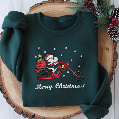 Embroidered Peanuts Christmas Sweatshirt, Santa-Inspired Sweater, Vintage Cartoon Pullover, Christmas Motorcycle Design, Perfect Gift for Biker Lovers