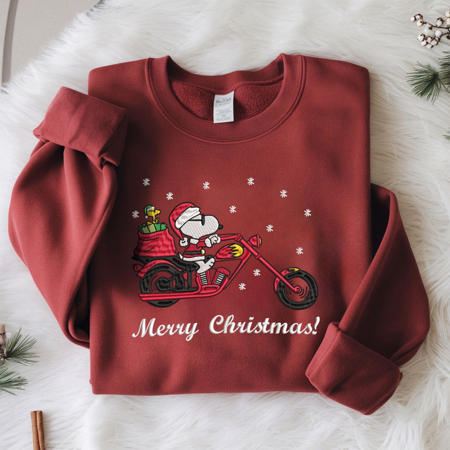 Embroidered Peanuts Christmas Sweatshirt, Santa-Inspired Sweater, Vintage Cartoon Pullover, Christmas Motorcycle Design, Perfect Gift for Biker Lovers