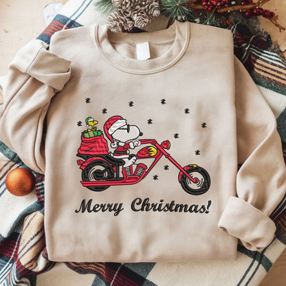 Embroidered Peanuts Christmas Sweatshirt, Santa-Inspired Sweater, Vintage Cartoon Pullover, Christmas Motorcycle Design, Perfect Gift for Biker Lovers