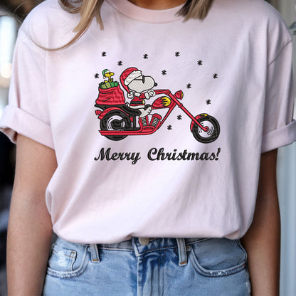 Embroidered Peanuts Christmas Sweatshirt, Santa-Inspired Sweater, Vintage Cartoon Pullover, Christmas Motorcycle Design, Perfect Gift for Biker Lovers