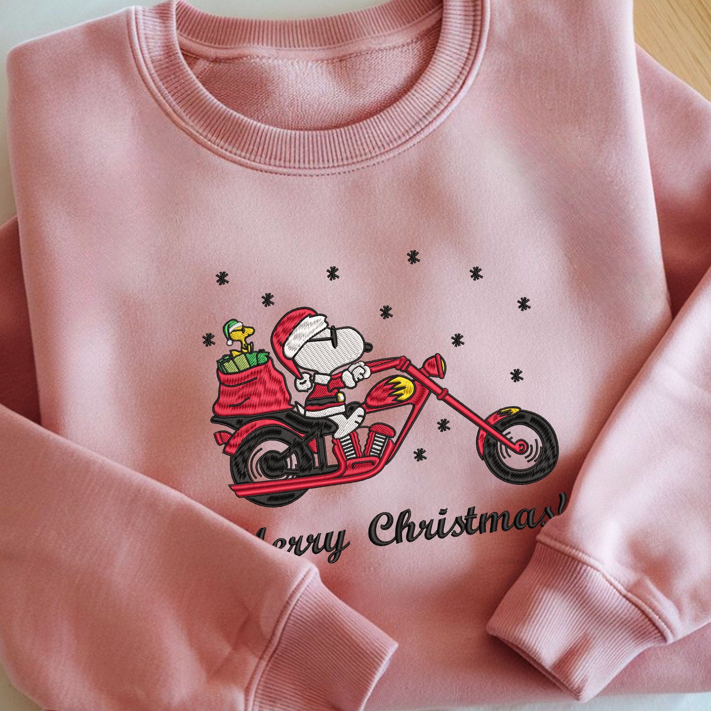 Embroidered Peanuts Christmas Sweatshirt, Santa-Inspired Sweater, Vintage Cartoon Pullover, Christmas Motorcycle Design, Perfect Gift for Biker Lovers