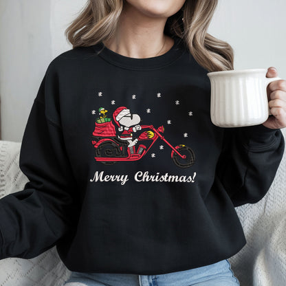 Embroidered Peanuts Christmas Sweatshirt, Santa-Inspired Sweater, Vintage Cartoon Pullover, Christmas Motorcycle Design, Perfect Gift for Biker Lovers