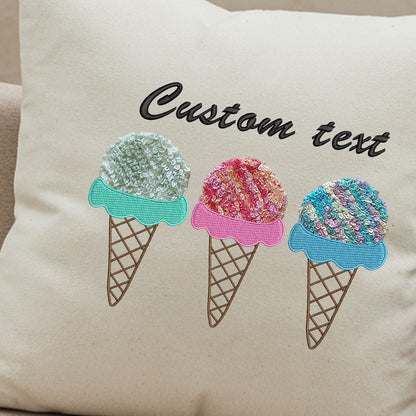 Custom Text Ice Cream Embroidered Pillow, Punch Needle