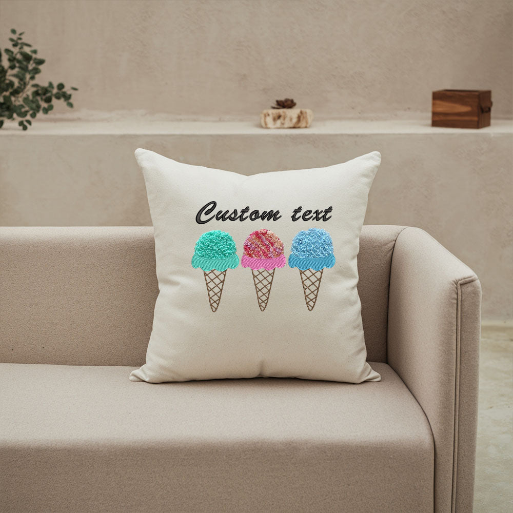 Custom Text Ice Cream Embroidered Pillow, Punch Needle