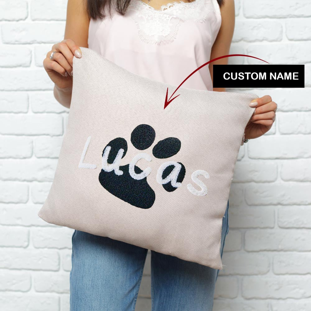 Custom Text With Paw Embroidered Pillow, Punch Needle