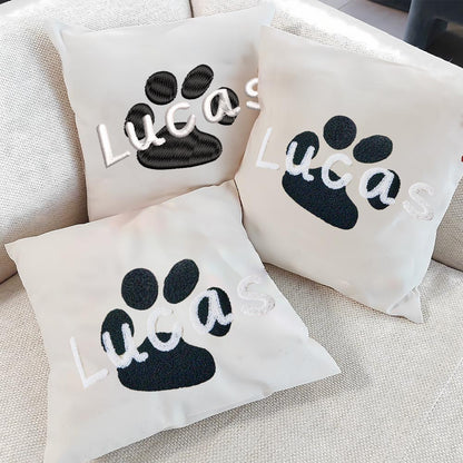 Custom Text With Paw Embroidered Pillow, Punch Needle