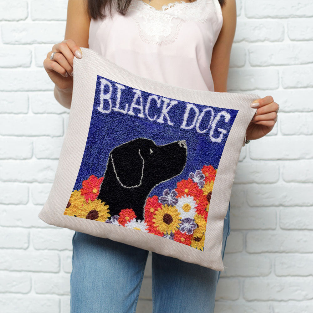 Black Dog Seed Co Flora Embroidered Pillow, Punch Needle Dog Mom Gift