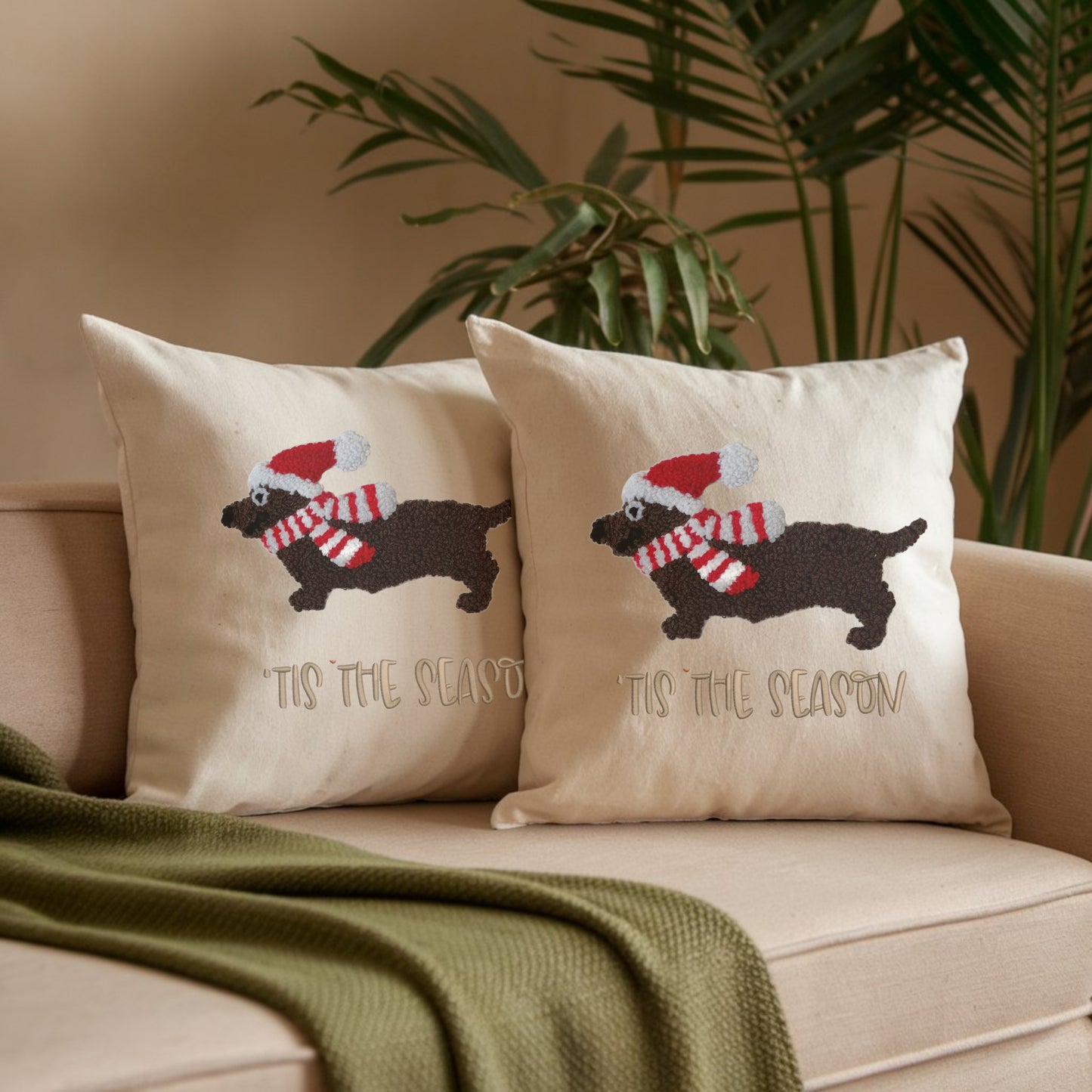 Halloween Christmas Dachshund Embroidered Pillow, Punch Needle