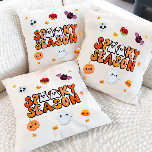 Spooky Season Ghost And Paw Embroidered Pillow, Punch Needle Cushion Cover