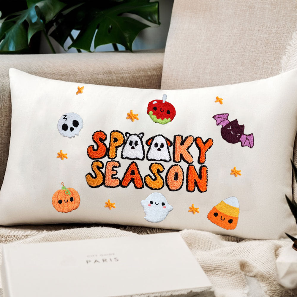 Spooky Season Ghost And Paw Embroidered Pillow, Punch Needle Cushion Cover