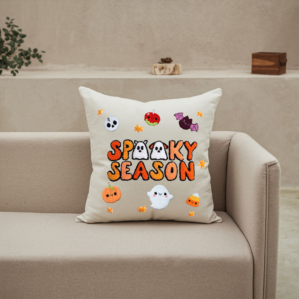 Spooky Season Ghost And Paw Embroidered Pillow, Punch Needle Cushion Cover