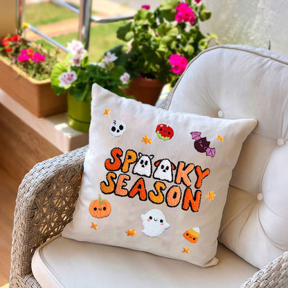 Spooky Season Ghost And Paw Embroidered Pillow, Punch Needle Cushion Cover